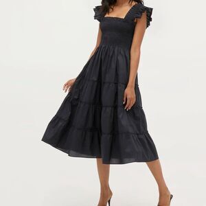 Hill House Home The Ellie Nap Dress Size L Black Poplin Tiered Midi Smocked
